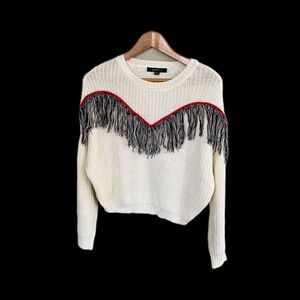 HeartSoul fringe detailed sweater ribbed knit ivory off white western boho sz S